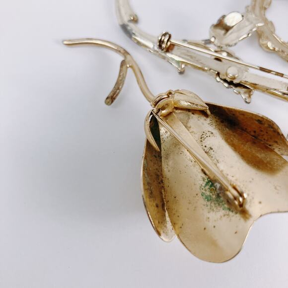 VTG Mid Century Brooch Lot of 3 Floral Faux Pearl Rhinestone Gold Tone Pins - Picture 9 of 13